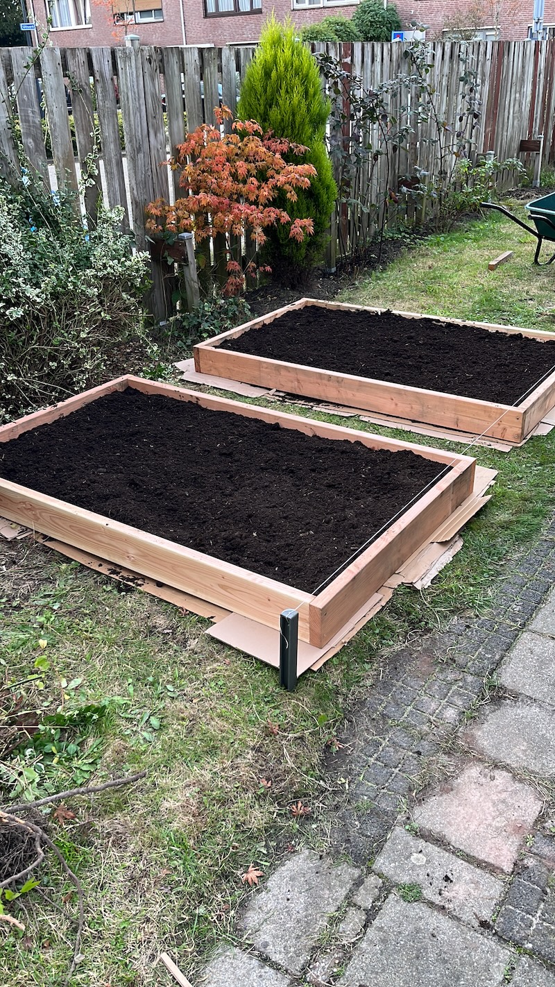 Zelfgebouwde moestuinbakken op de no-dig methode gebaseerd